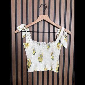 Show Me Your Mumu Top Small Womens White Shoulder Tie Smocked Floral Crop